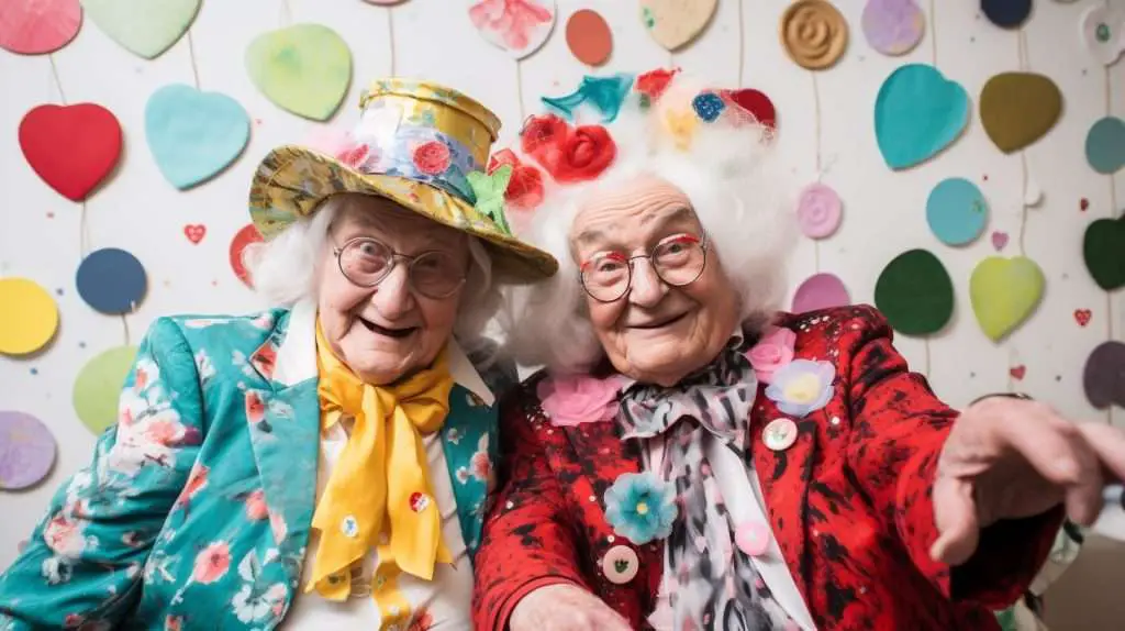 2 old women smiling in colorful dresses