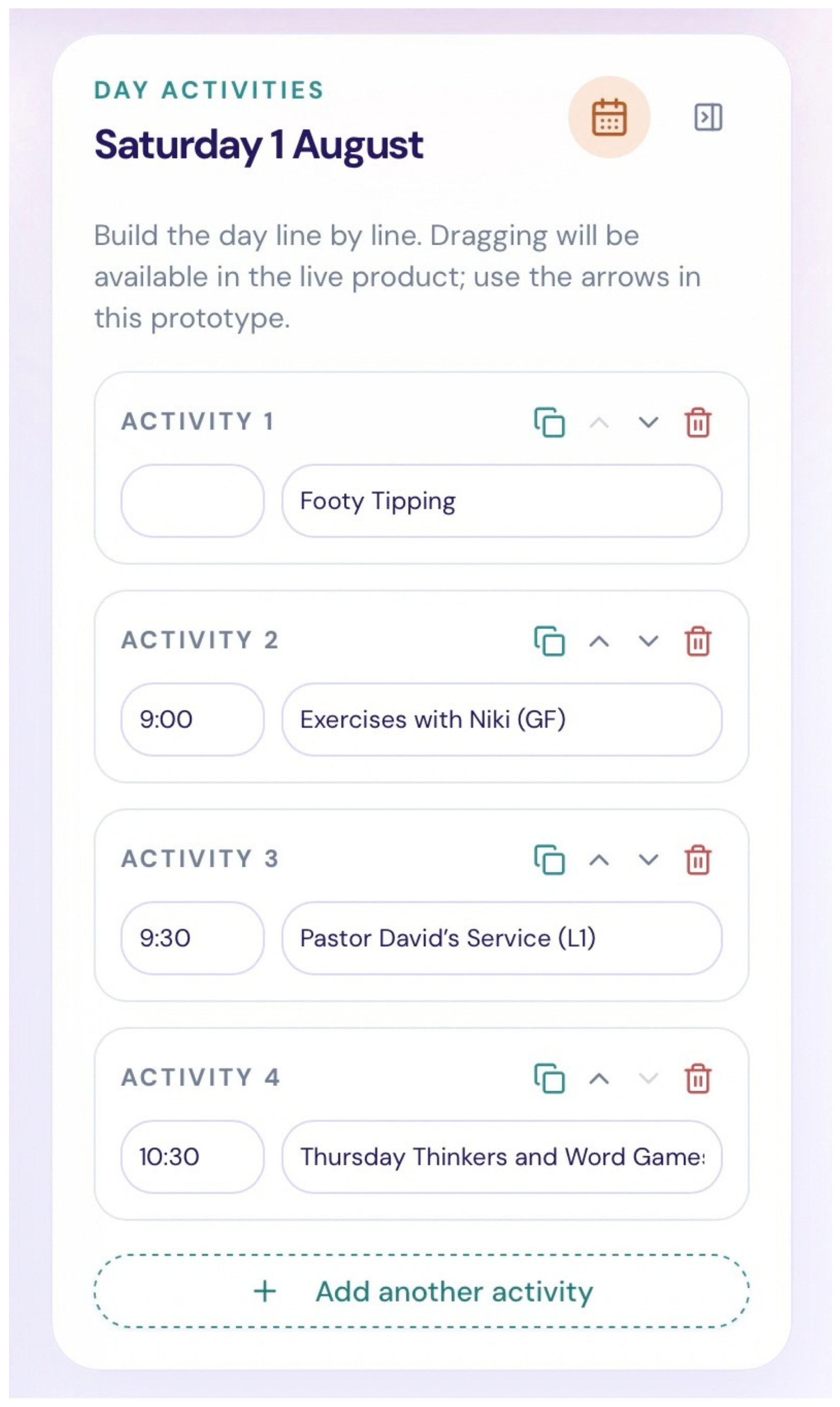 Day activities editor with time, name, copy and reorder controls