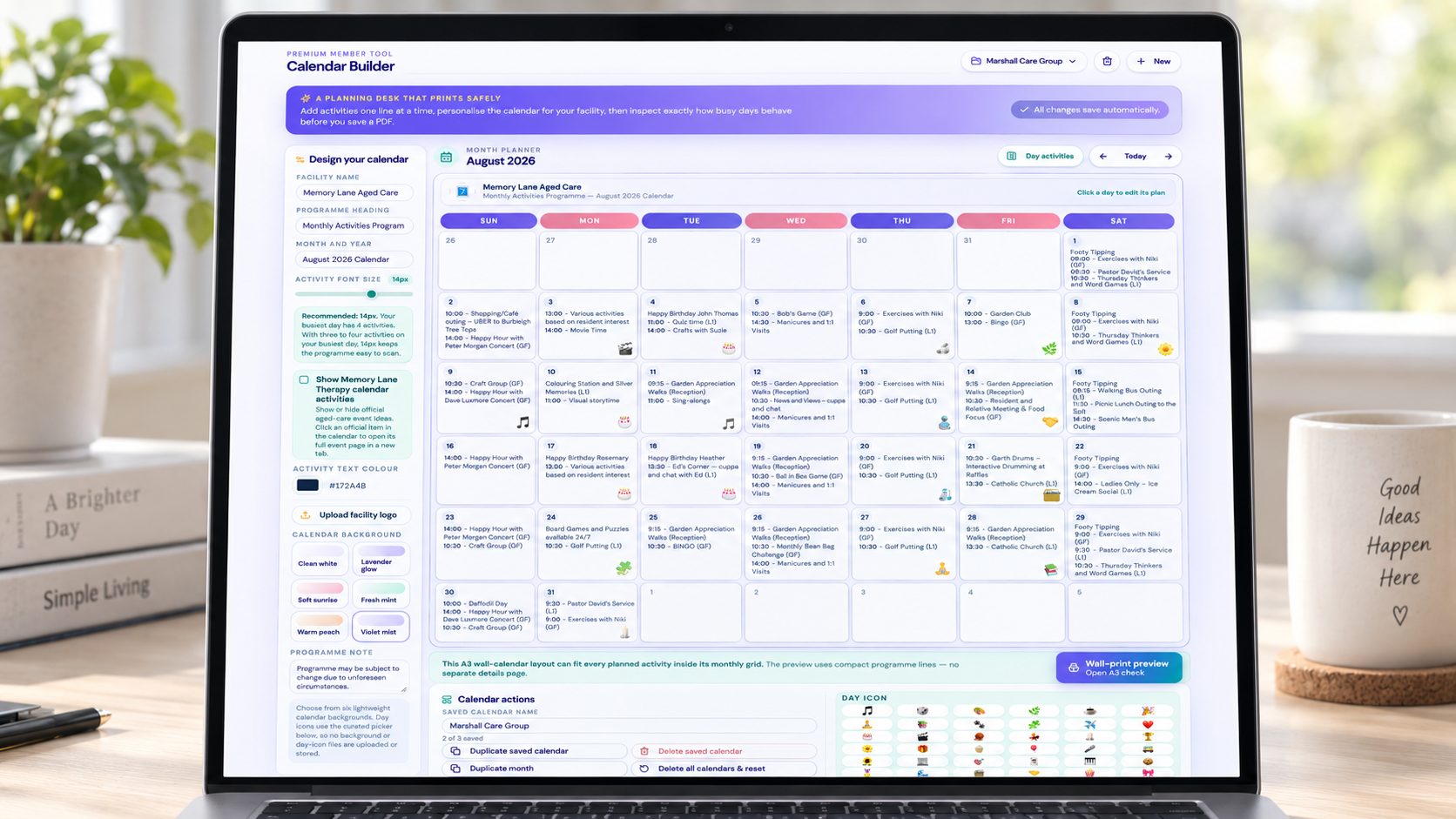Month planner with design sidebar and monthly activity grid on a laptop
