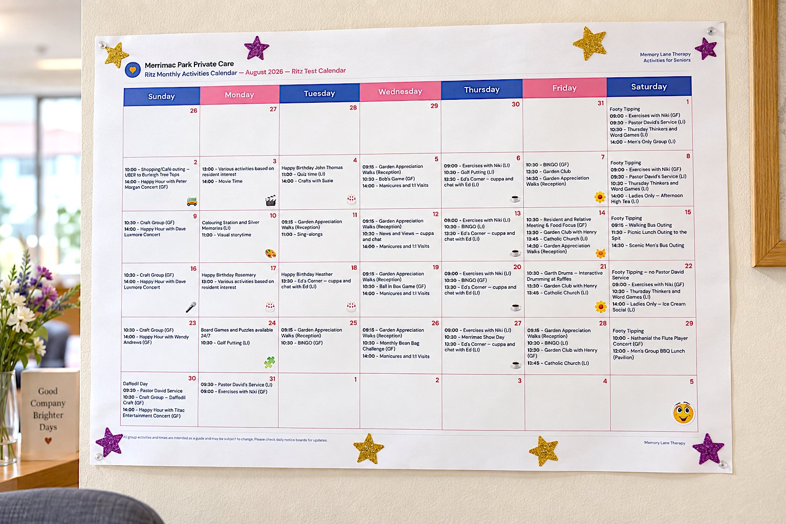 Printed A3 monthly activities calendar pinned to an aged-care facility wall